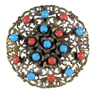 Vintage Estate Round Brooch Pin Silver Gilt Filigree Coral Turquoise Victorian